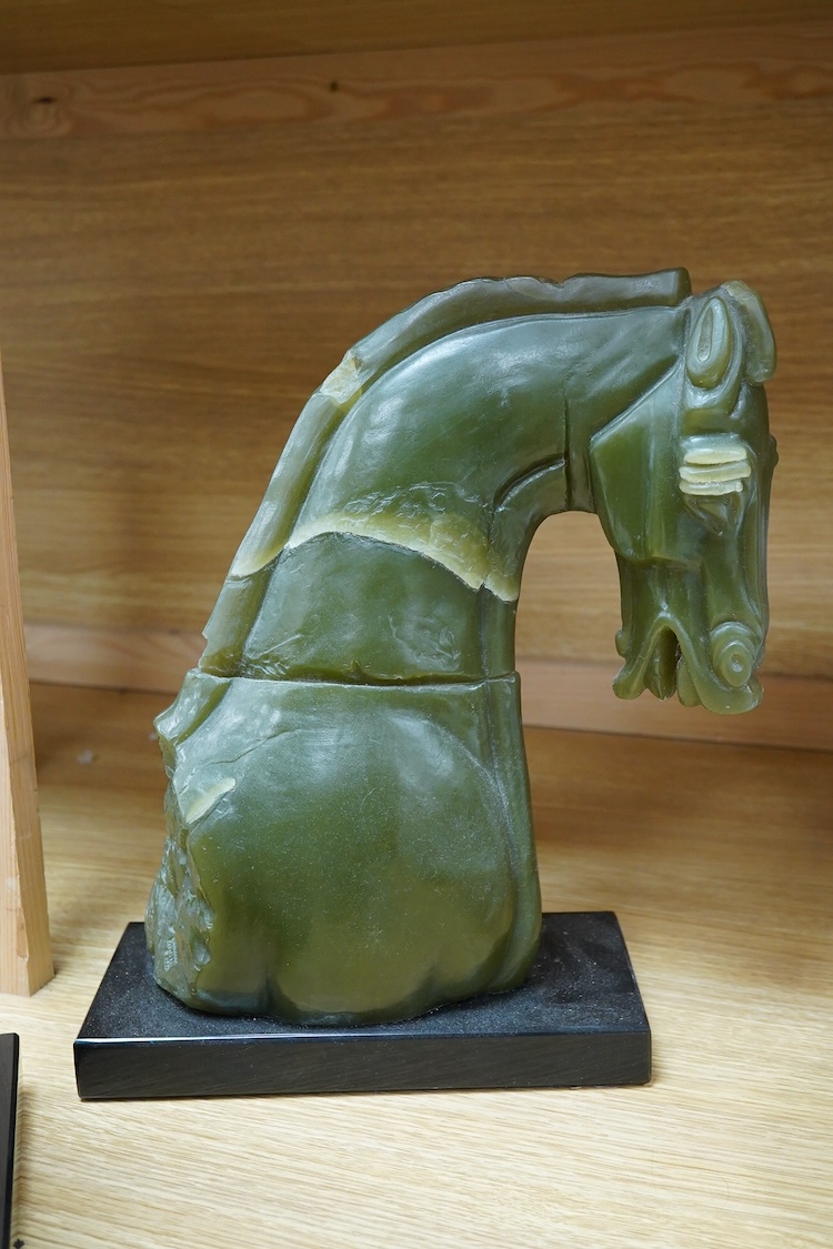 Two Austin V&A sculptures, simulated jade horses ornaments, 32cm high